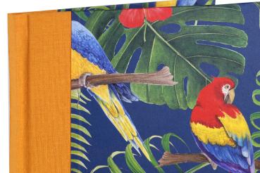 Notebook with colorful parrot motif, orange linen spine